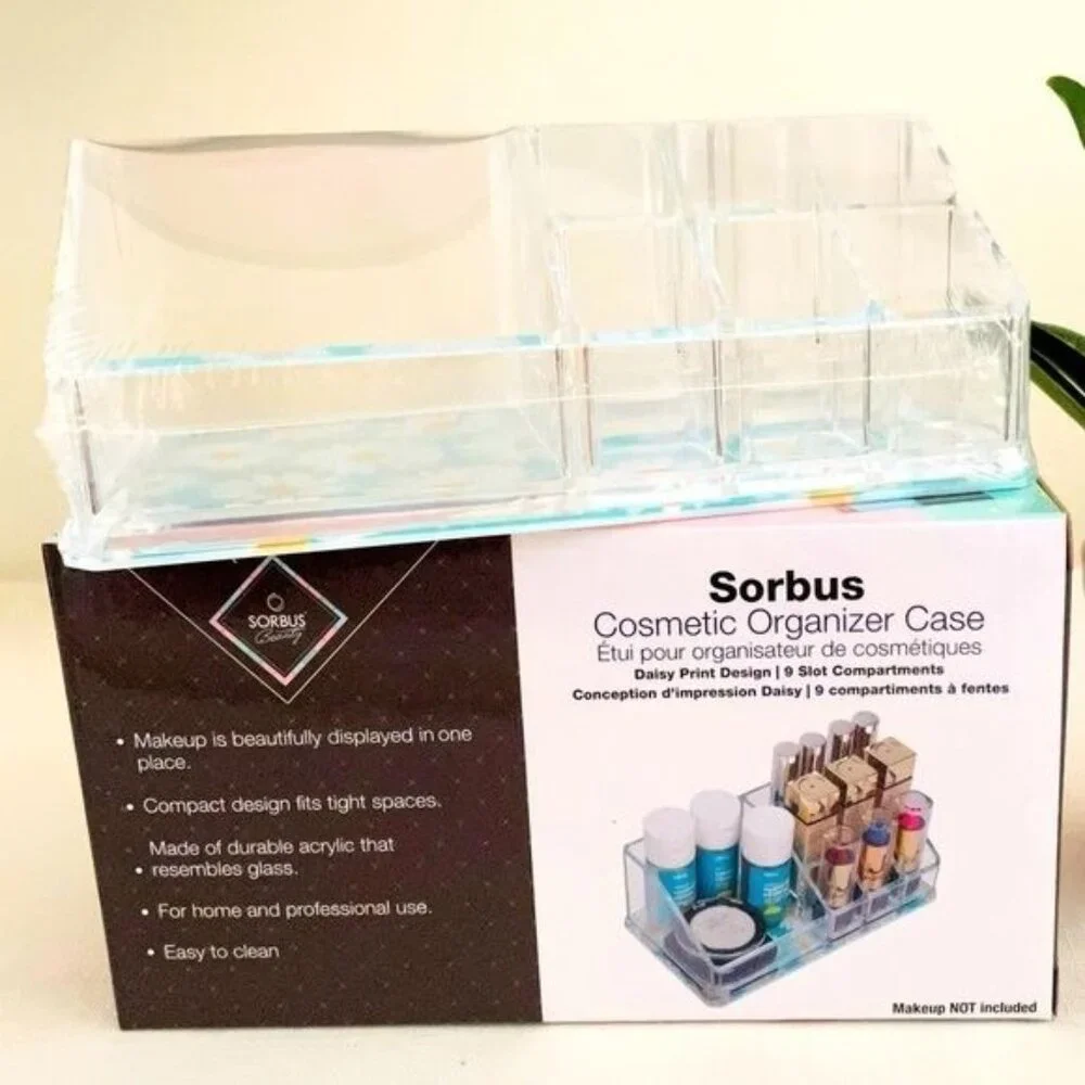 Sorbus Mini Makeup Organizer with 9 Slots Clear w/ Daisy Print Bottom Desk Dorm